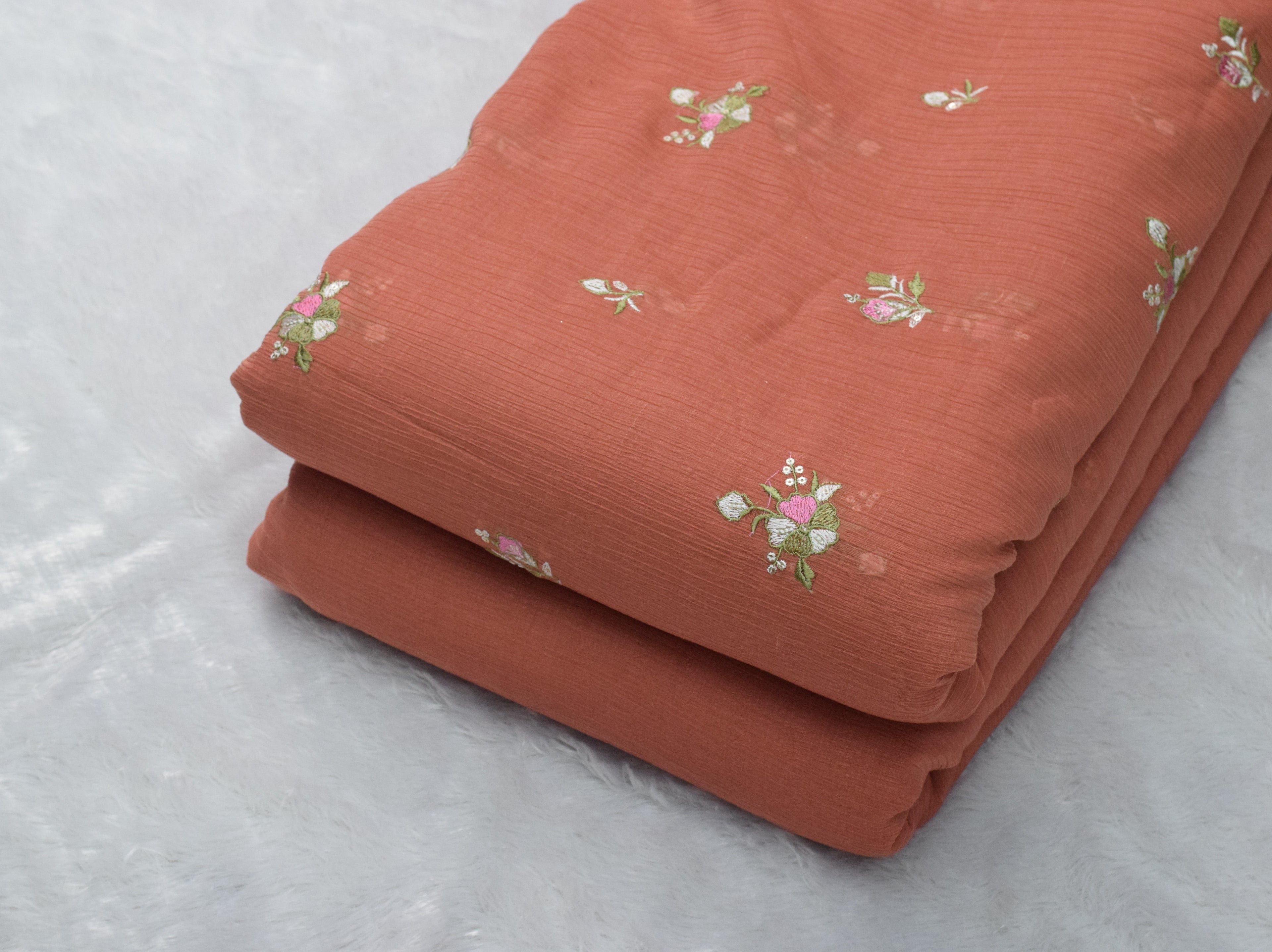 Peach Crushed Georgette Fabric with Floral Embroidery – 44 Inches Width
