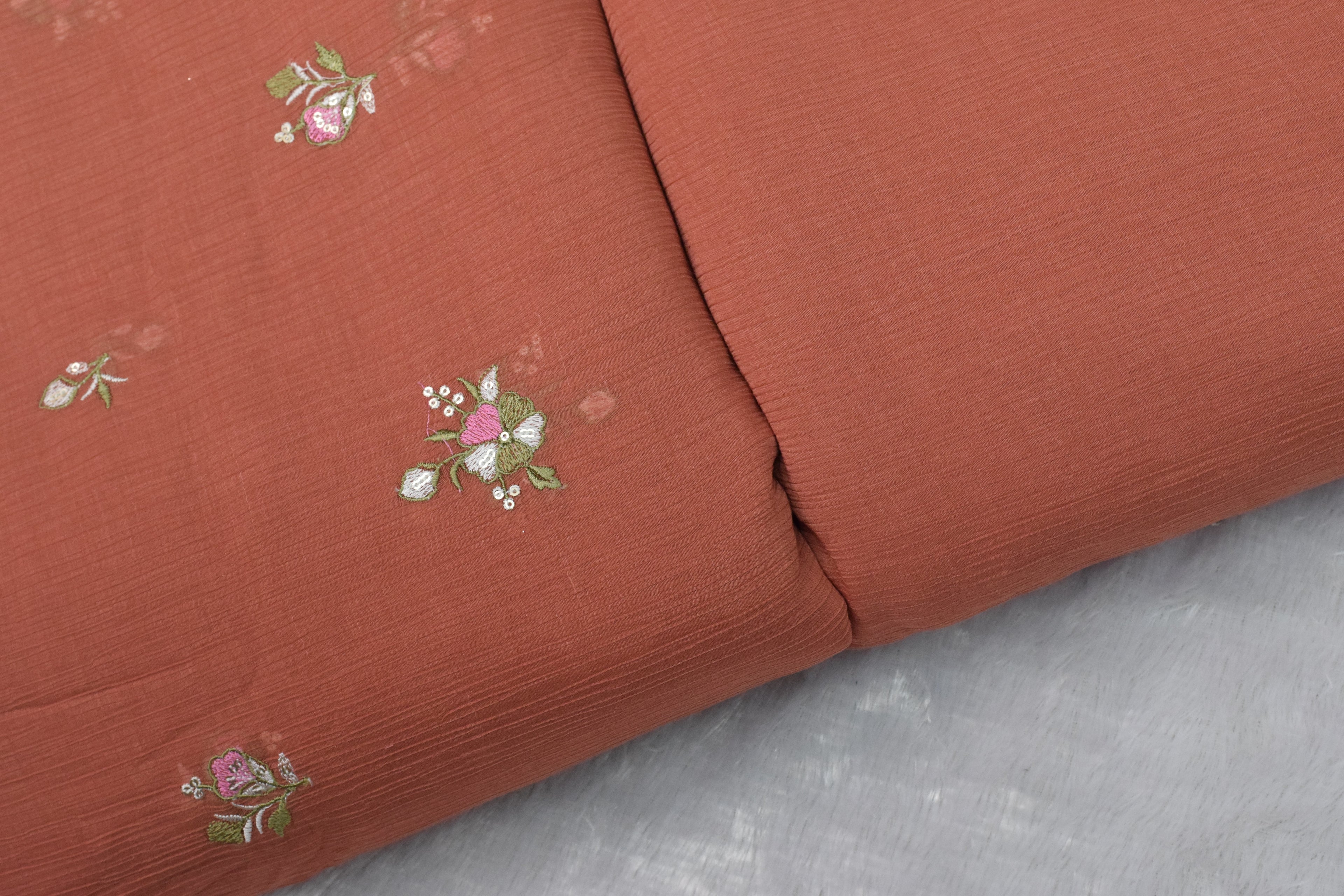 Peach Crushed Georgette Fabric with Floral Embroidery – 44 Inches Width