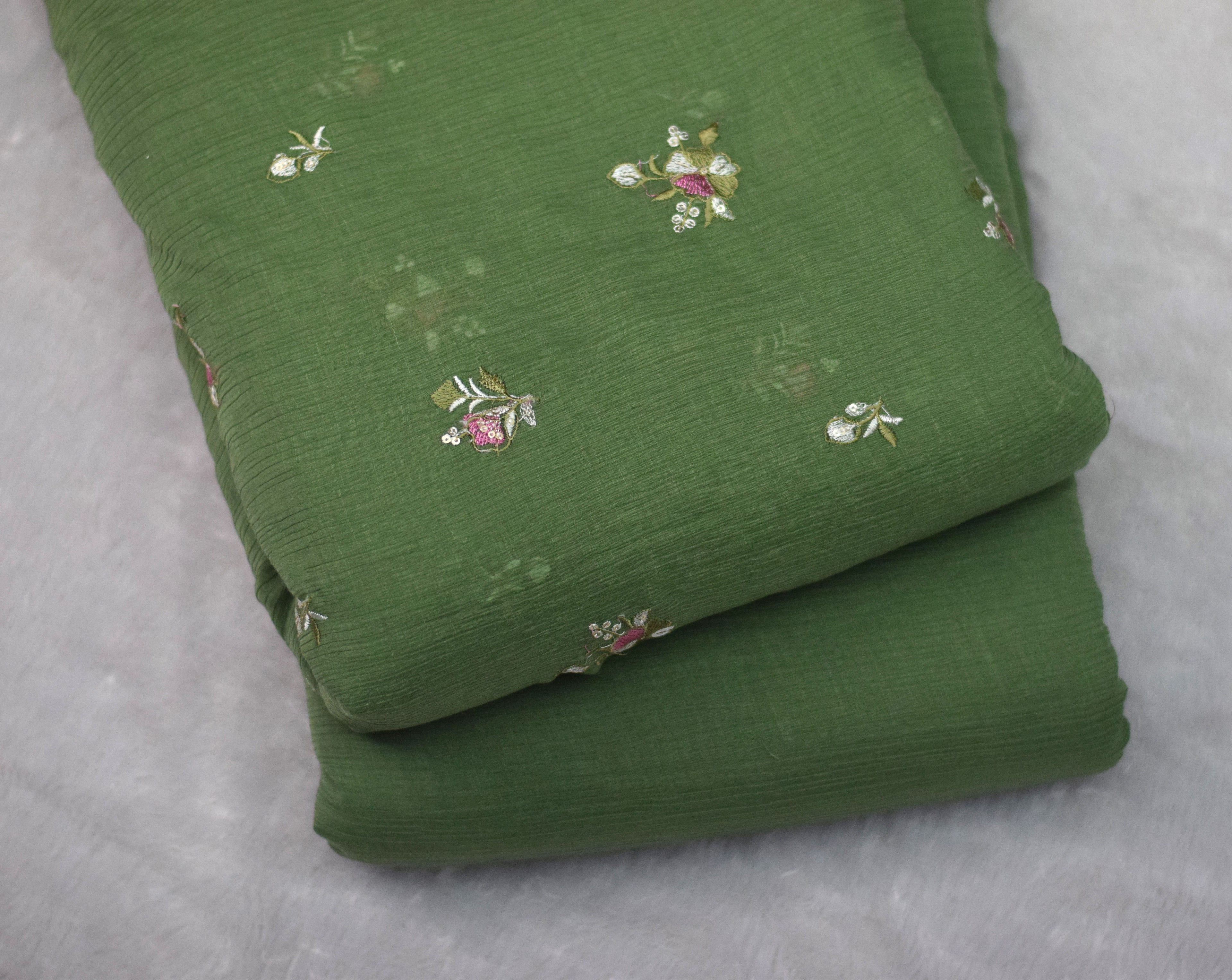 Olive Green Embroidered Crushed Georgette Fabric – 44 Inches Width | Lightweight Designer Dress Material