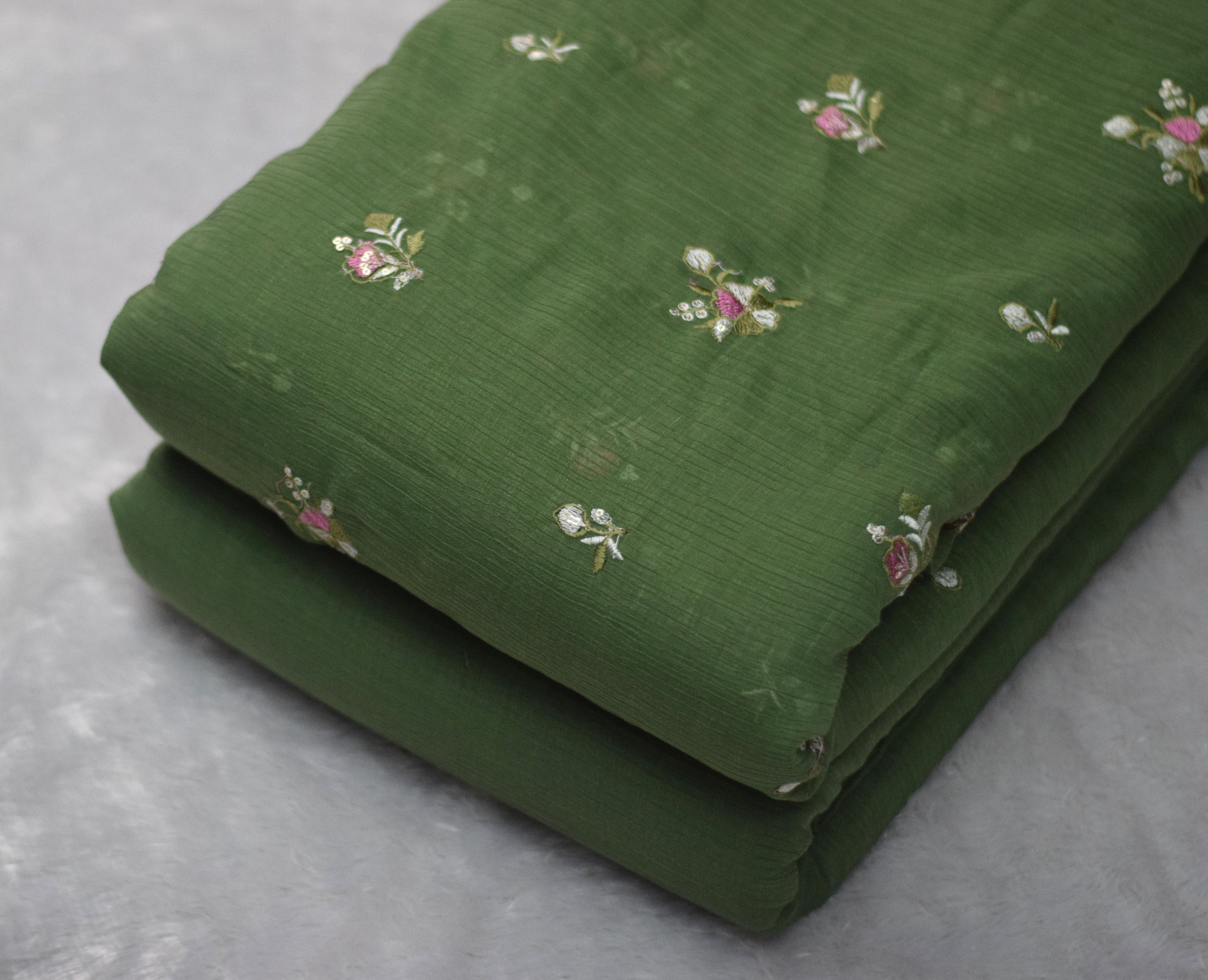 Olive Green Embroidered Crushed Georgette Fabric – 44 Inches Width | Lightweight Designer Dress Material