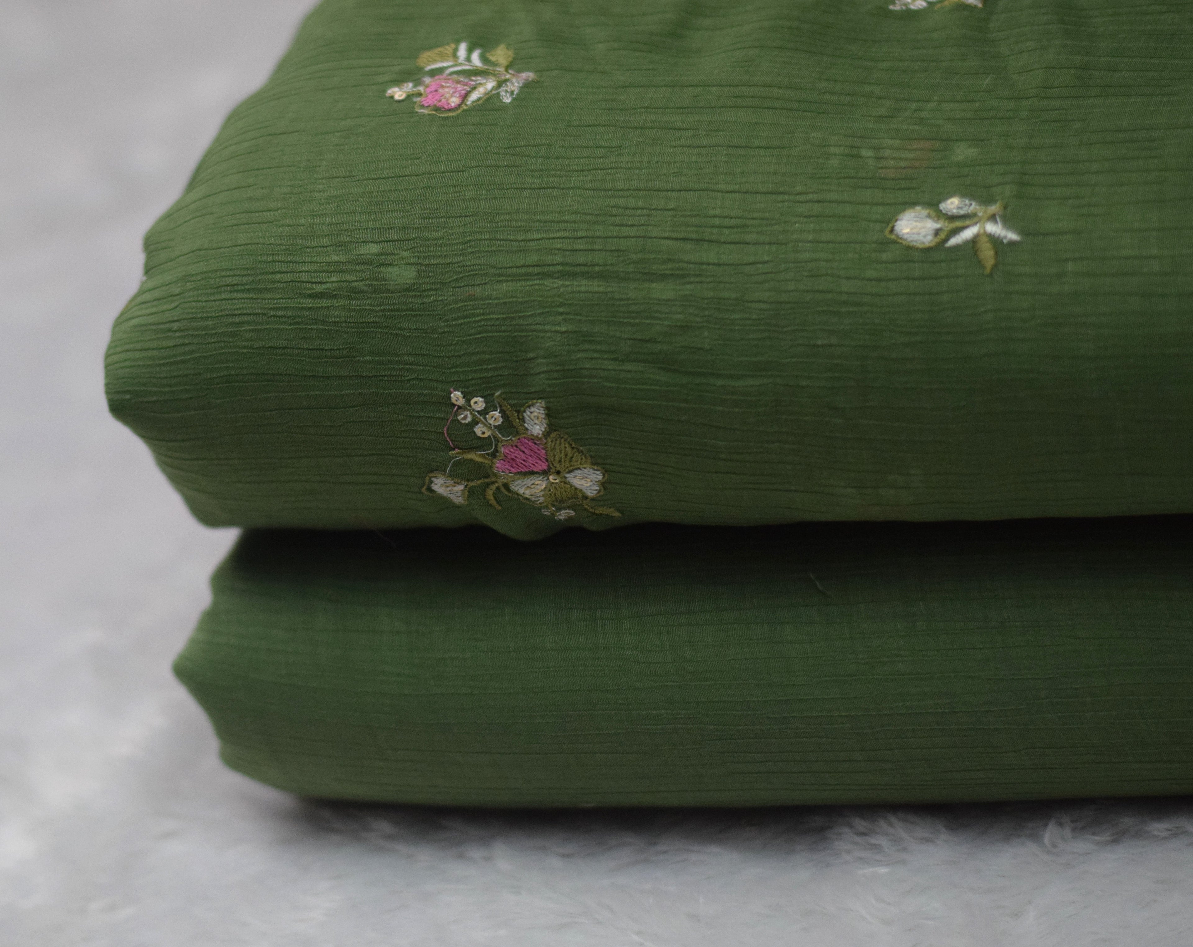 Olive Green Embroidered Crushed Georgette Fabric – 44 Inches Width | Lightweight Designer Dress Material