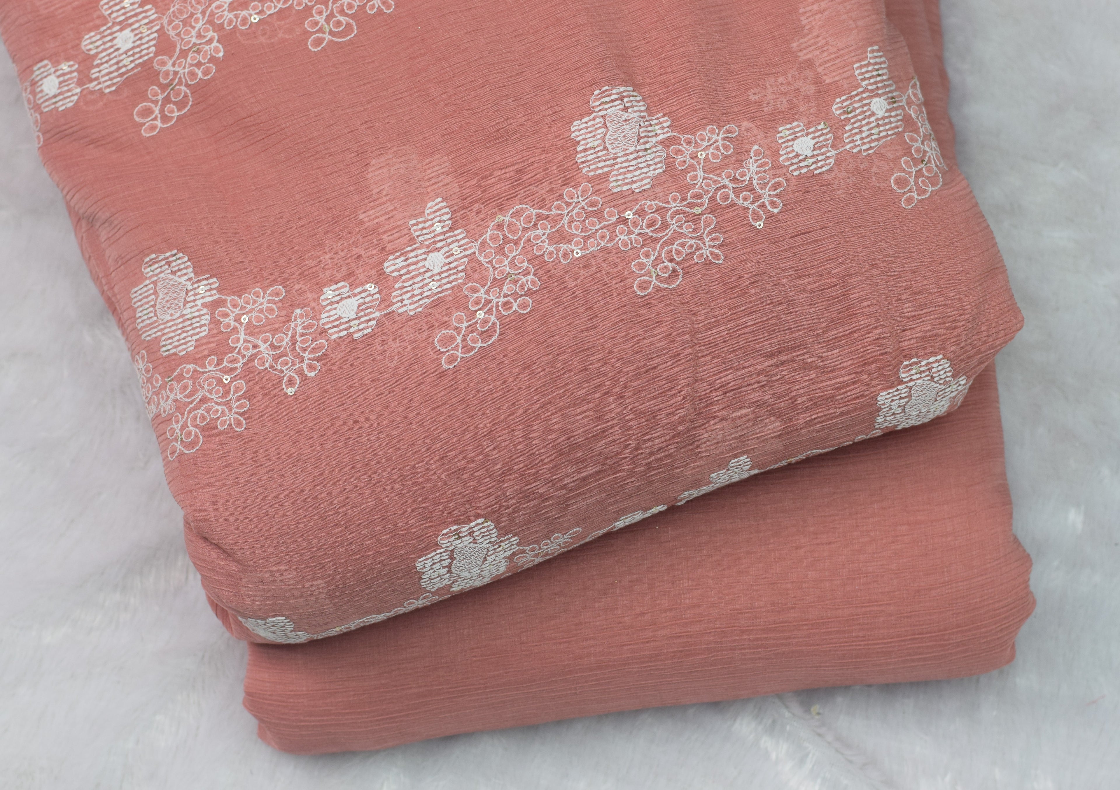 Peach Floral Embroidered Crushed Georgette Fabric – 44 Inches Width | Lightweight Designer Dress Material