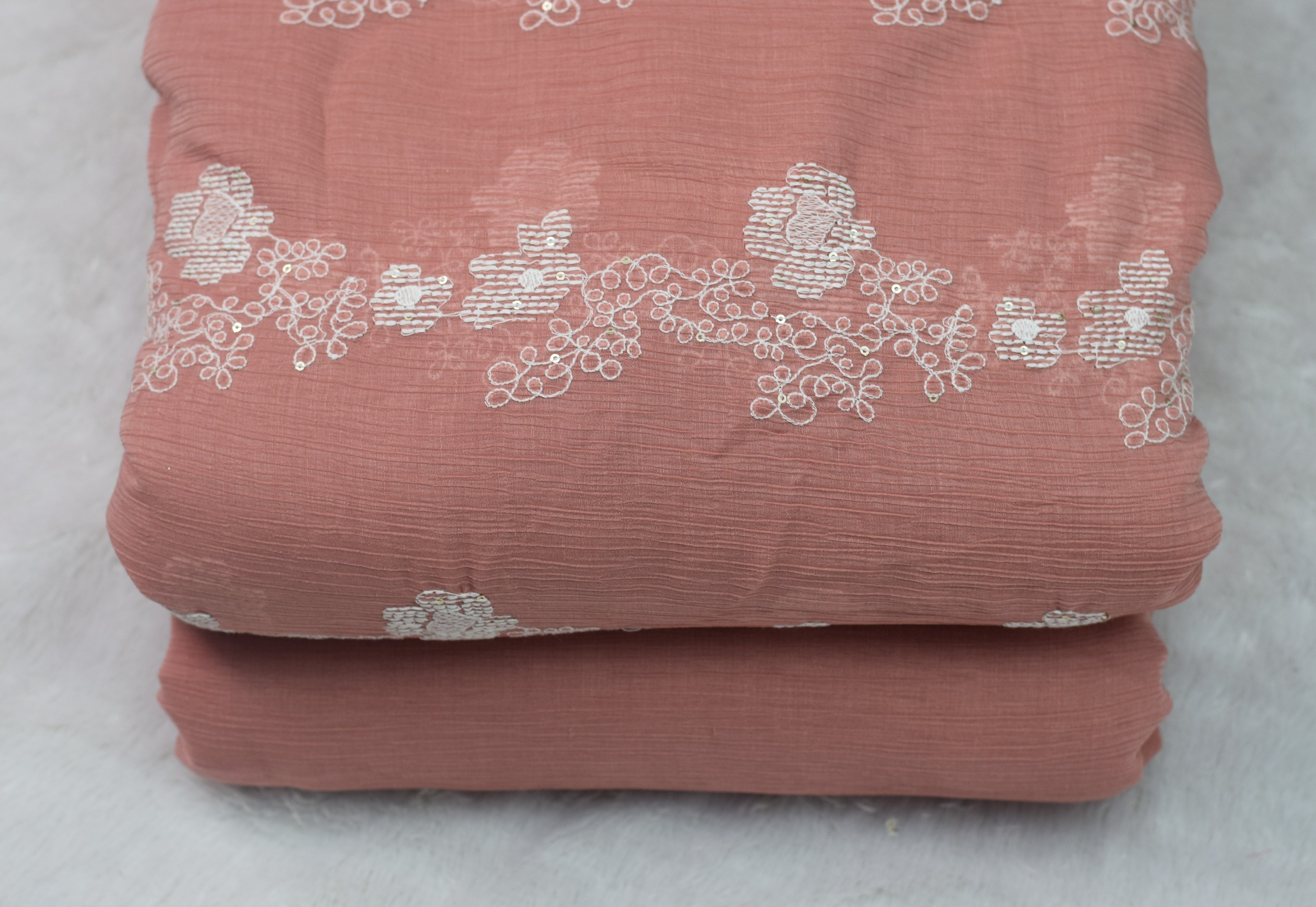 Peach Floral Embroidered Crushed Georgette Fabric – 44 Inches Width | Lightweight Designer Dress Material