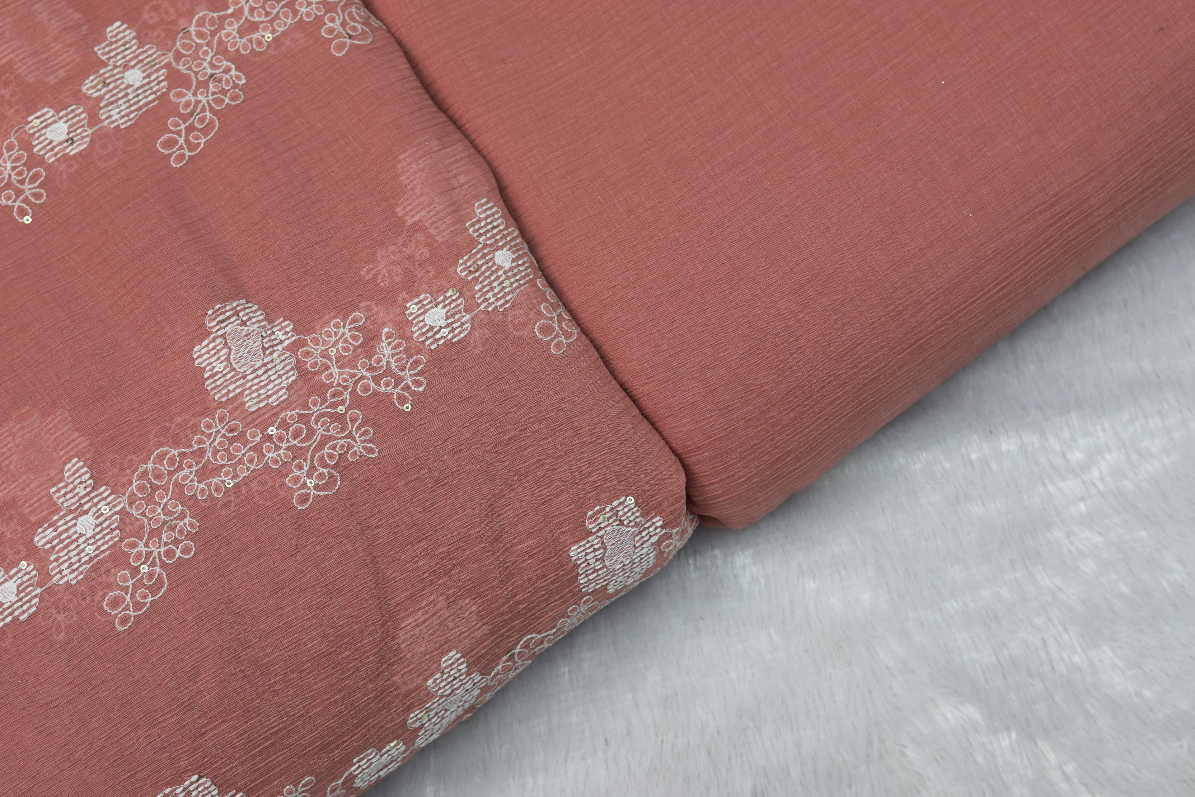 Peach Floral Embroidered Crushed Georgette Fabric – 44 Inches Width | Lightweight Designer Dress Material