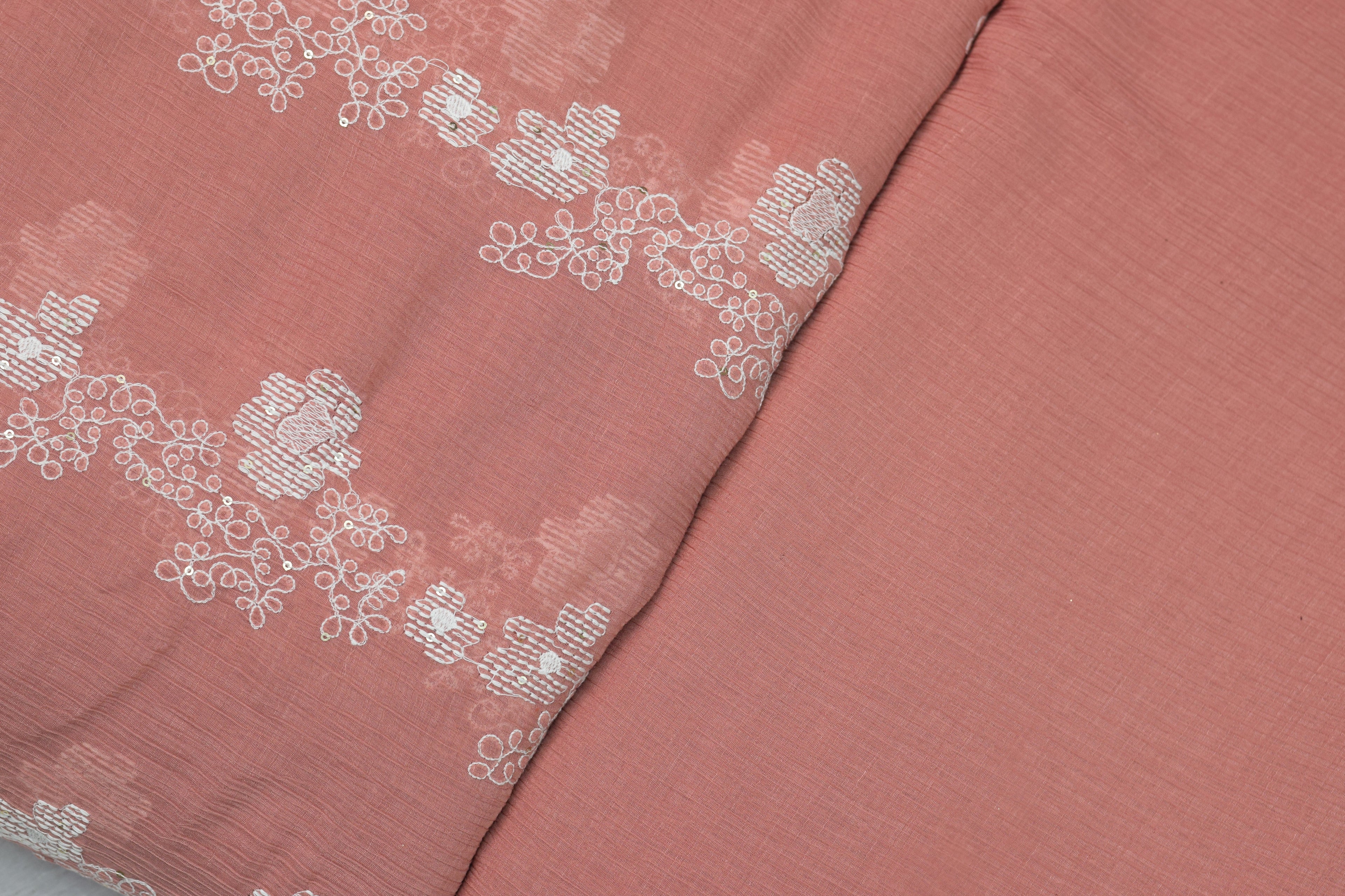 Peach Floral Embroidered Crushed Georgette Fabric – 44 Inches Width | Lightweight Designer Dress Material