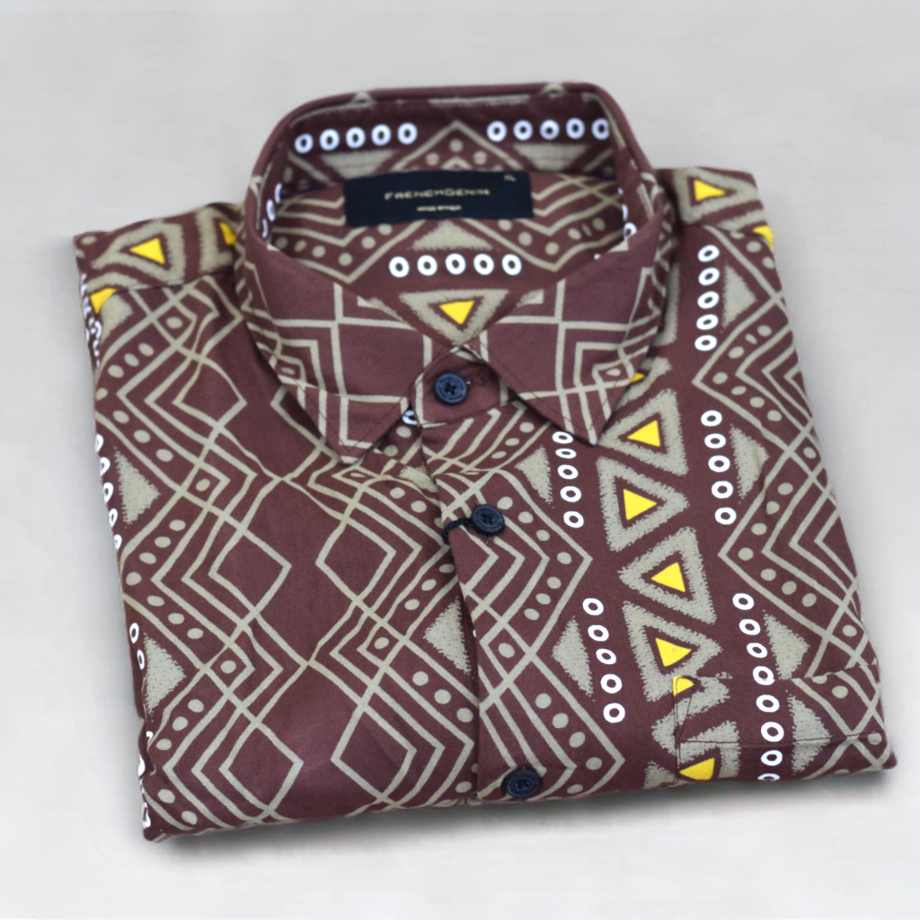 🧥  Men's Brown Geometric Print Rayon Shirt - Short Sleeve Casual Wear