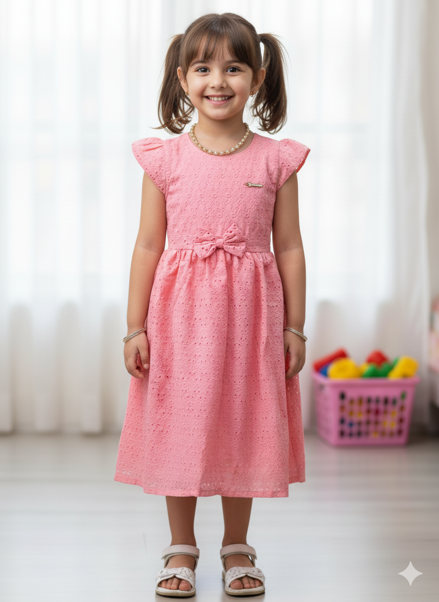 Pretty Pink Embroidered Kids Frock with Bow