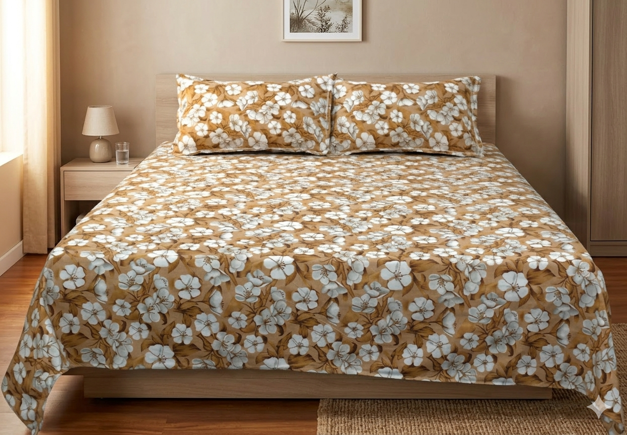 Soft Feel Blend Floral Bedsheet Set – Brown &amp; White | 225x250 cm