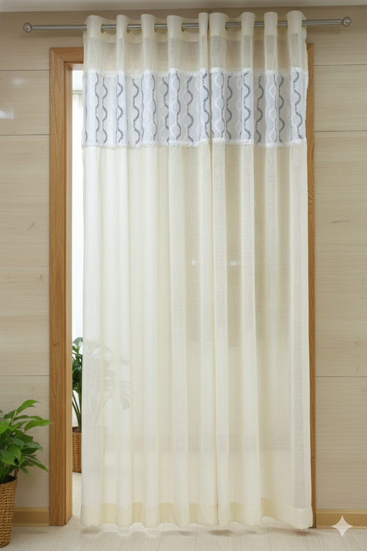 Elegant Semi-Linen Door Curtain (4×7 ft) – Cream with Embroidered Design