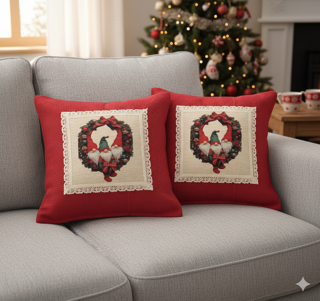 🎄 Christmas Gnome Wreath Cushion Cover – 16x16 Inch | Festive Decorative Pillow Case