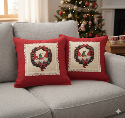 🎄 Christmas Gnome Wreath Cushion Cover – 16x16 Inch | Festive Decorative Pillow Case