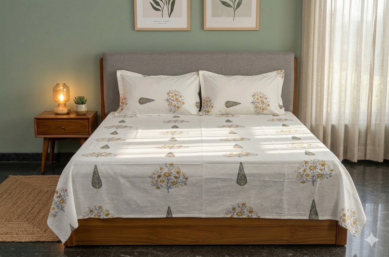 Premium Queen Size Bedsheet with 2 Pillow Covers – Elegant Floral Tree Print White Bed Sheet Set