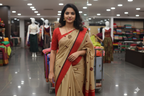 Elegant Beige and Red  Synthetic Saree with Contrast Border& Embroidery Work