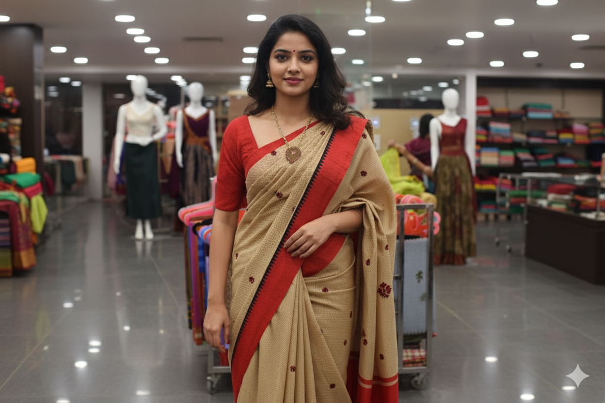 Elegant Beige and Red  Synthetic Saree with Contrast Border& Embroidery Work