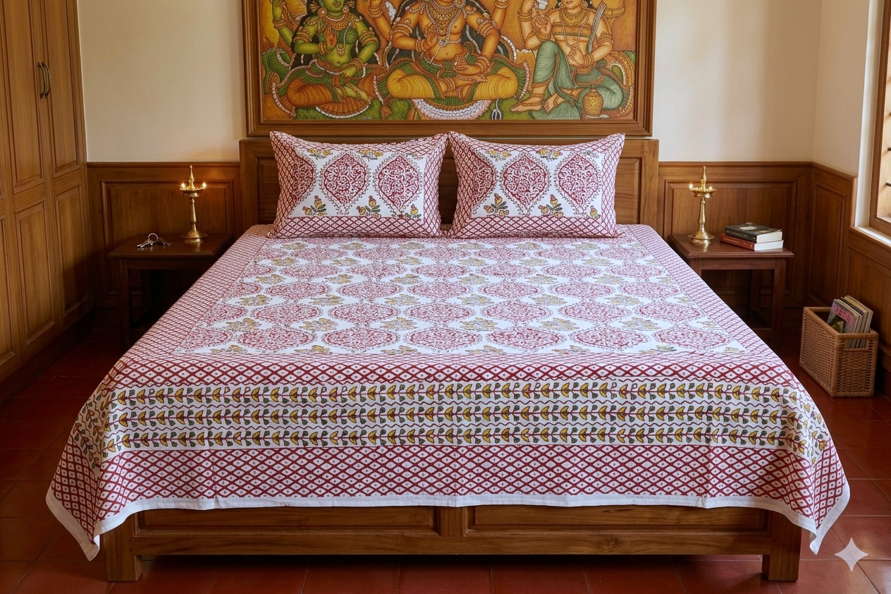 Red Floral Block Print Cotton Bedsheet – King Size with 2 Pillow Covers