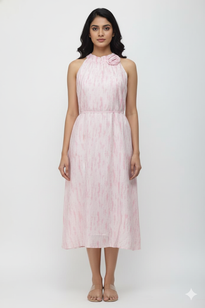 Elegant Pink Printed Free Size A-Line Ladies Frock