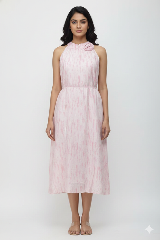 Elegant Pink Printed Free Size A-Line Ladies Frock