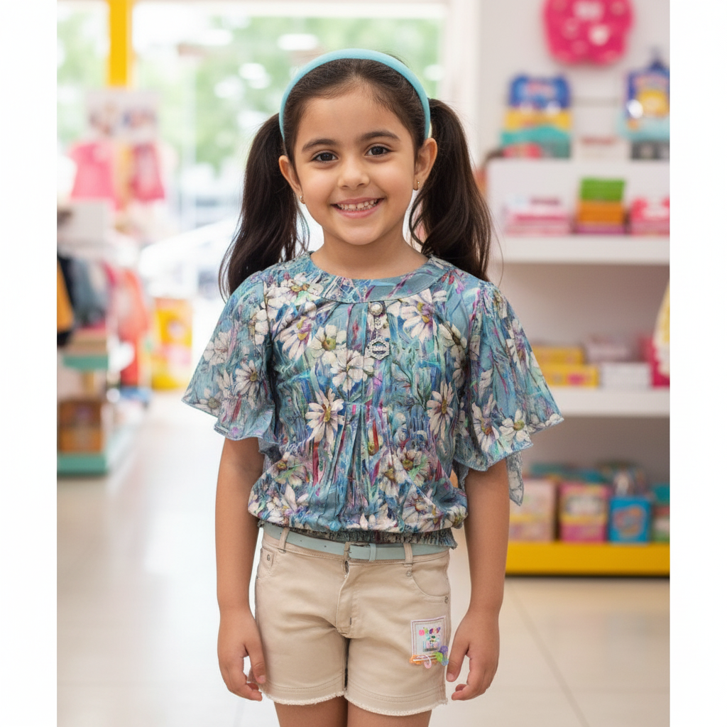 Kids Floral Top & Beige Shorts Set – Stylish Casual Wear for Girls