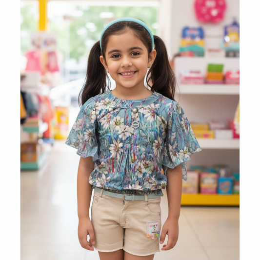 Kids Floral Top & Beige Shorts Set – Stylish Casual Wear for Girls