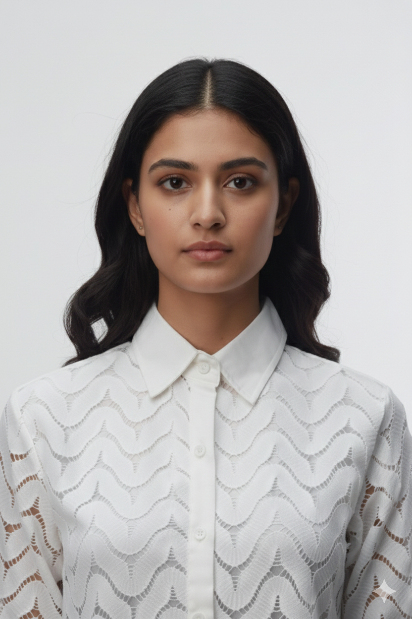 Women's White Lace Button-Down Jeans Top | Elegant Semi-Sheer Casual Shirt-LARGE SIZE