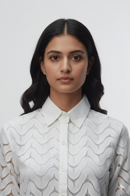 Women's White Lace Button-Down Jeans Top | Elegant Semi-Sheer Casual Shirt-LARGE SIZE