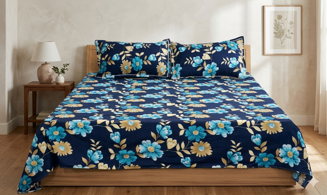 Soft Feel Floral Blend Bed Sheet Set (225 x 250 cm) – Navy Blue with Elegant Blue & Beige Flowers