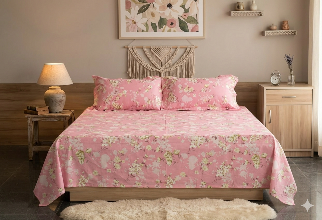 Pink Floral Queen Size Bedsheet with Pillow Covers – Cotton Bed Sheet Set