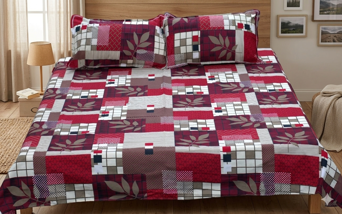 Soft Feel Premium Blend Bedsheet Set – 225x250 cm | Stylish Red Geometric Print with Pillow Covers