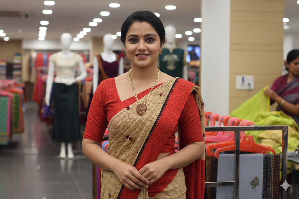 Elegant Beige and Red  Synthetic Saree with Contrast Border& Embroidery Work