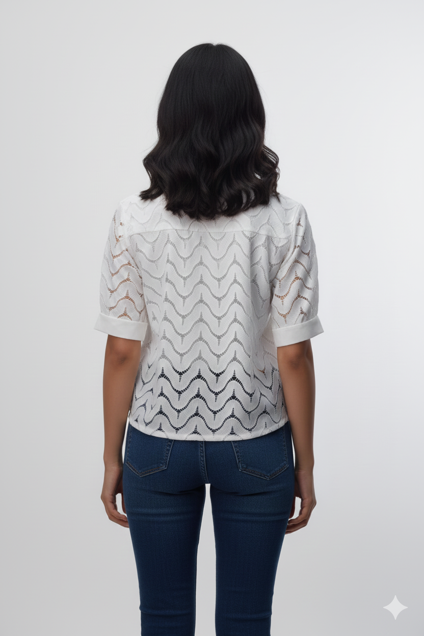 Women's White Lace Button-Down Jeans Top | Elegant Semi-Sheer Casual Shirt-LARGE SIZE