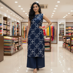 Navy Blue Cotton Co-ord Set with White Floral Geometric Print – Sleeveless Kurta &Straight-leg (Semi palazzo) Pant