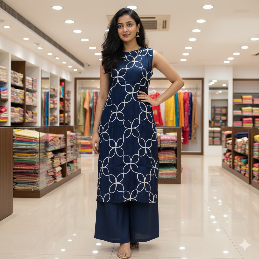 Navy Blue Cotton Co-ord Set with White Floral Geometric Print – Sleeveless Kurta &Straight-leg (Semi palazzo) Pant