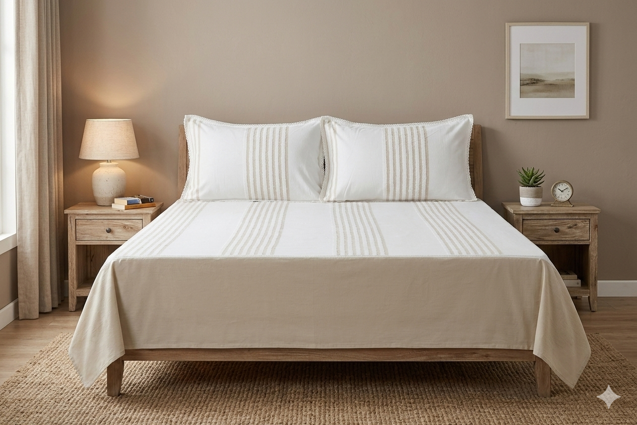 King Size Cotton Bedspread Set with Striped Design – Elegant White &amp; Beige Bedding with Pillow Covers