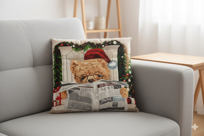 Christmas Teddy Reading Newspaper Cushion  – 16x16 Inch