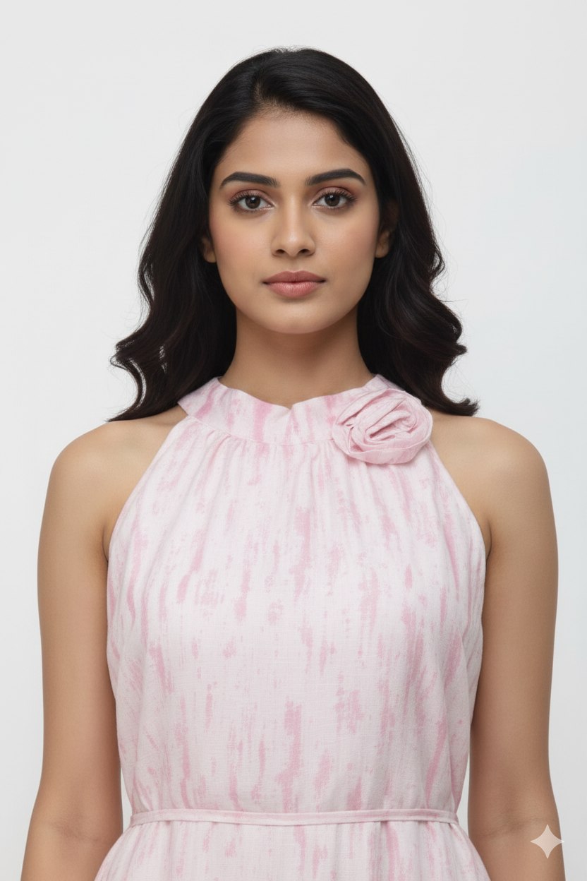 Elegant Pink Printed Free Size A-Line Ladies Frock