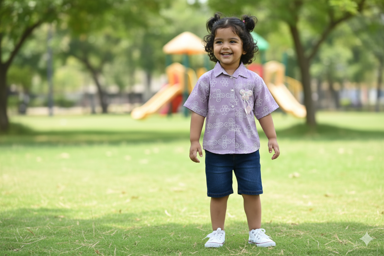 Girls Cotton Top with White Thread Work & Floral Design