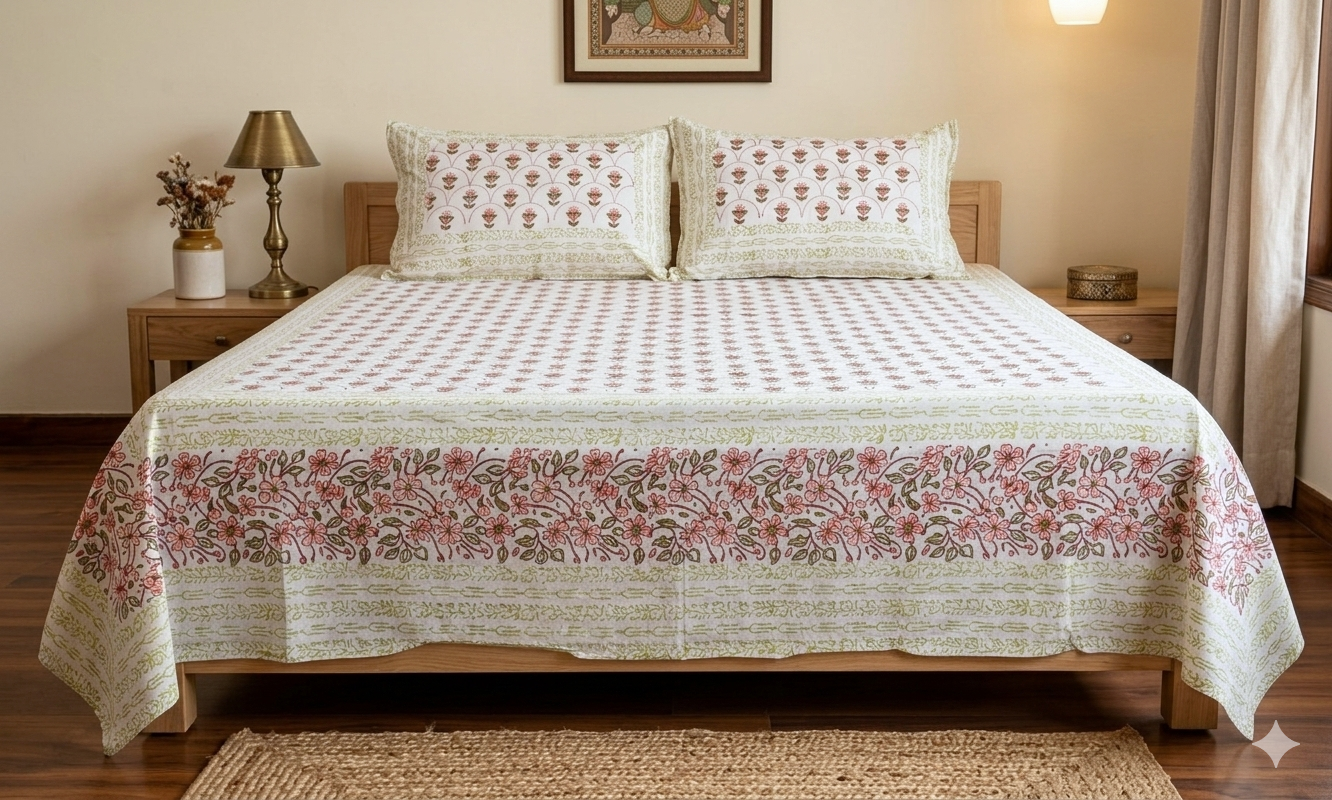 Elegant Floral Printed King Size Bedsheet Set with Pillow Covers – Cotton Blend