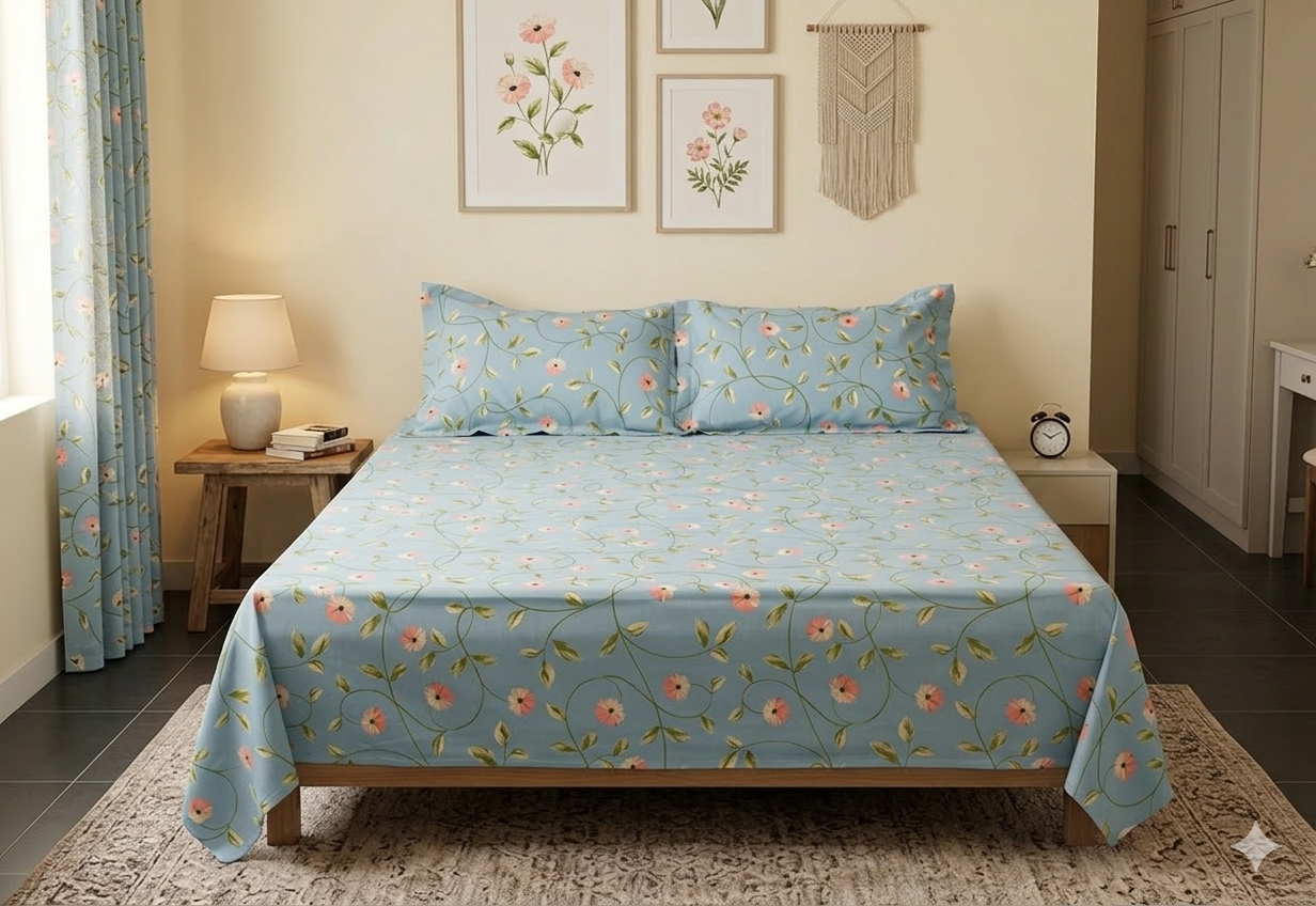 Queen Size Floral Cotton Bed Sheet with 2 Pillow Covers – Blue Printed Soft Bedding Set