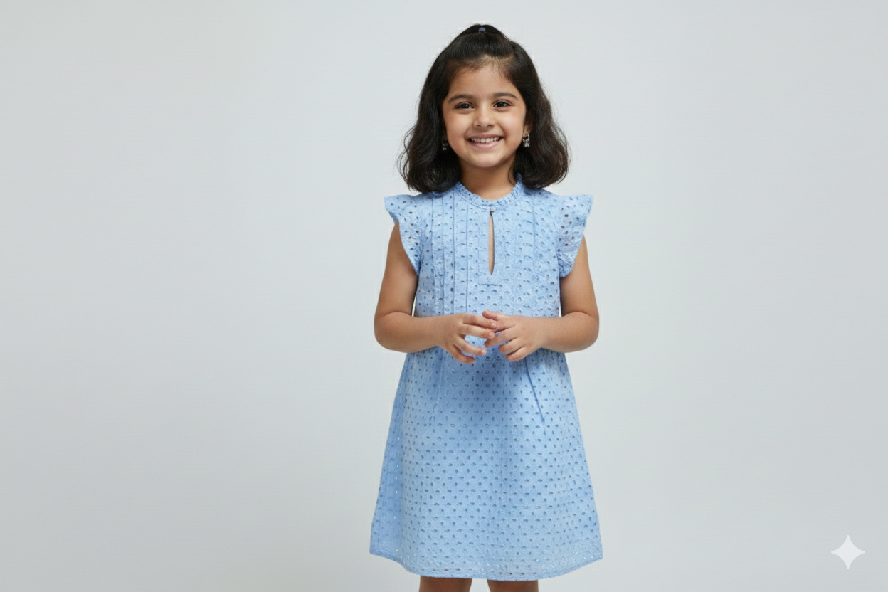 Sky Blue Cotton Eyelet Kids Frock with Ruffle Sleeves