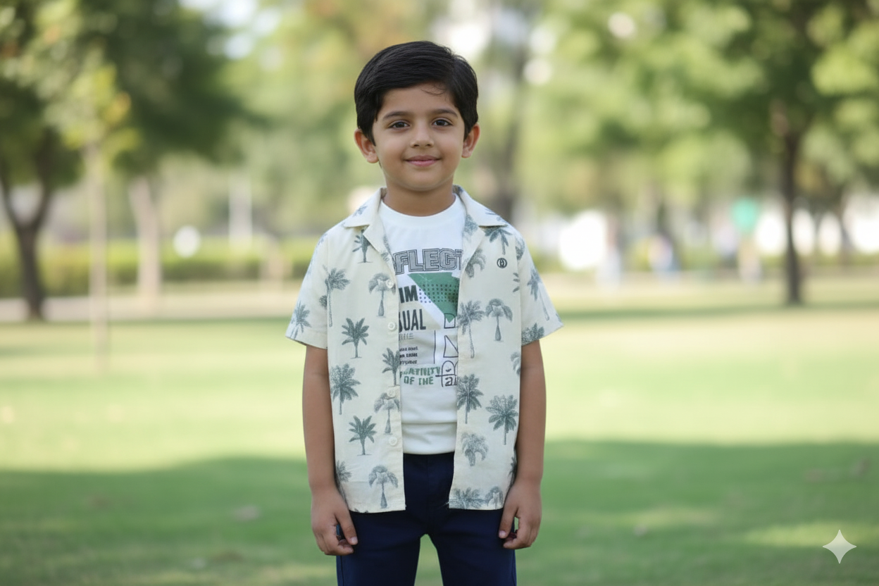 🧸 Tropical Vibe Kids Casual Shirt & T-Shirt Set – Palm Tree Print