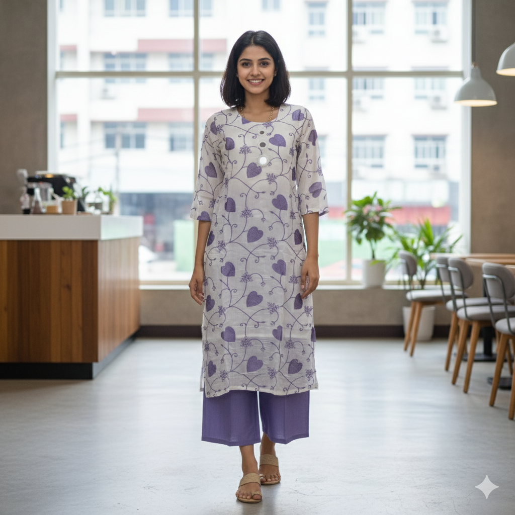 🟣  Elegant White & Purple Floral Kurti with Solid Pant Set - 2 Piece Women’s Ethnic Wear