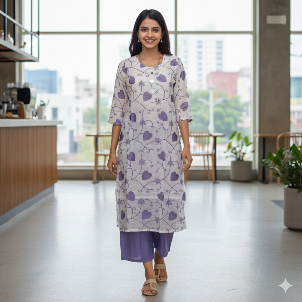 🟣  Elegant White & Purple Floral Kurti with Solid Pant Set - 2 Piece Women’s Ethnic Wear