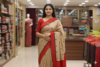 Elegant Beige and Red  Synthetic Saree with Contrast Border& Embroidery Work