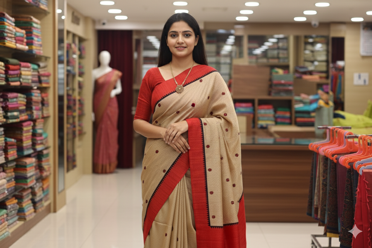 Elegant Beige and Red  Synthetic Saree with Contrast Border& Embroidery Work