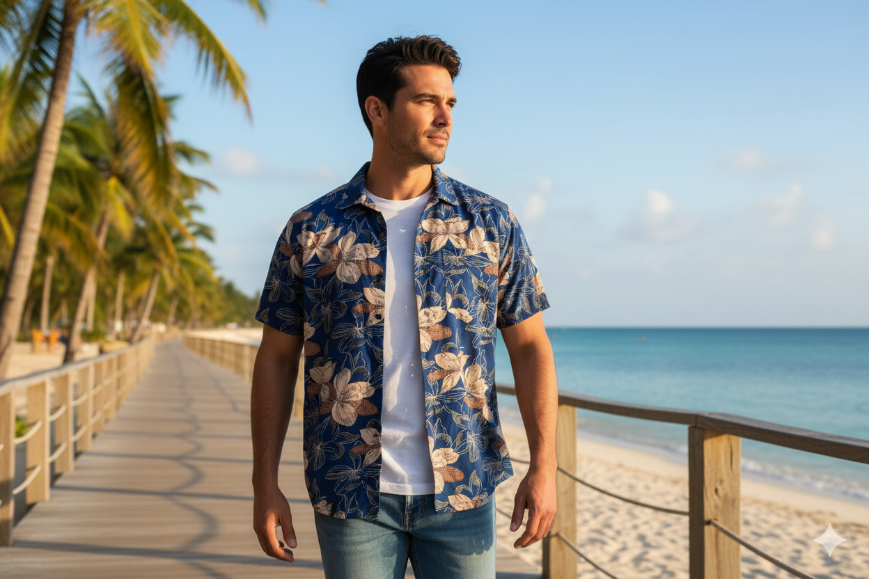 Men’s Navy Blue Floral Printed Rayon Shirt – Casual Wear