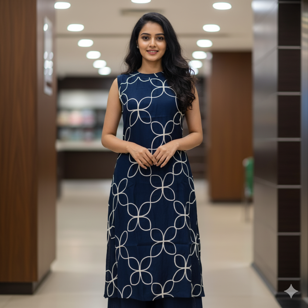 Navy Blue Cotton Co-ord Set with White Floral Geometric Print – Sleeveless Kurta &Straight-leg (Semi palazzo) Pant