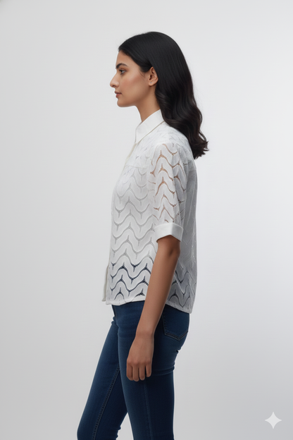 Women's White Lace Button-Down Jeans Top | Elegant Semi-Sheer Casual Shirt-LARGE SIZE