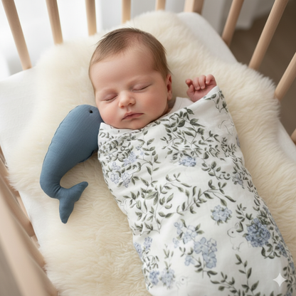 Soft Cotton baby blanket ( Baby Quilt)  with Floral & Bunny Print with Whale Pillow – 45” x 45”Handcrafted Floral & Bunny