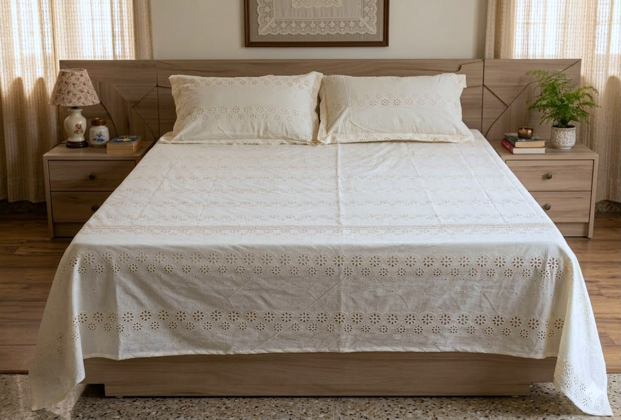 Elegant cream Cutwork King Size Bedspread Set with Pillow Covers