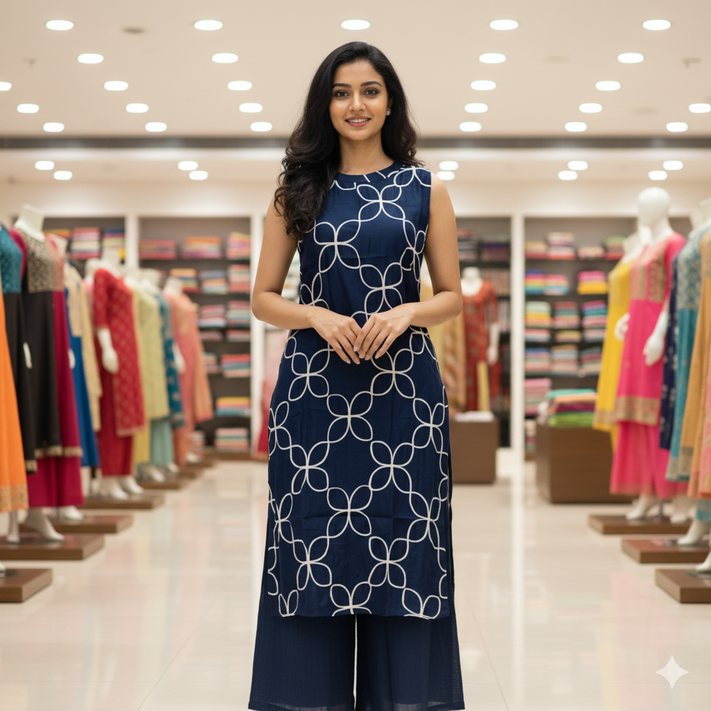 Navy Blue Cotton Co-ord Set with White Floral Geometric Print – Sleeveless Kurta &Straight-leg (Semi palazzo) Pant